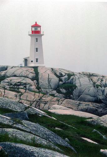 Peggy's Cove Lighthouse in Fog Vertical - 1985. Scanned from Kodachrome 64 slide.