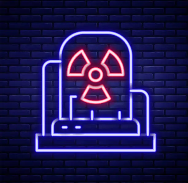 Vector illustration of Glowing neon line Radioactive warning lamp icon isolated on brick wall background. Colorful outline concept. Vector