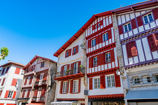 Saint Jean de Luz facades in New Aquitaine, Atlantic Pyrenees in French Basque Country of France