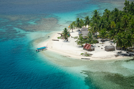 Small tropical Island, drone shot, San Blas, Guna Yala, Panama - stock photo