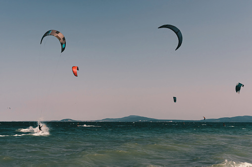 Kite surfing on a clear summer day.  Shot in Burgas, Bulgaria.