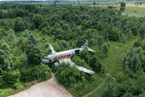 Zeljava, Croatia - June 23, 2020: Zeljava Air Base in Croatia and Abandoned Douglas C-47 Airplane on the airbase entrance. It is on the border between Croatia and Bosnia and Herzegovina.