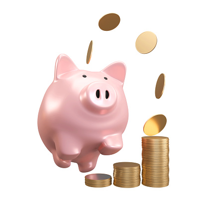 Pink Piggy bank jump with with falling coins, concept saving money for investment ,financial plan, clipping path, 3D rendering