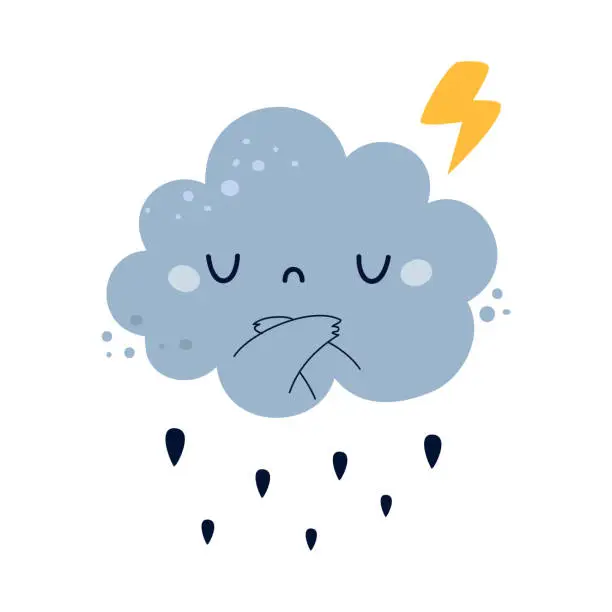 Vector illustration of Blue Fluffy Cloud with Grumpy Face and Folded Arms Pouring Rain Drop and Lightning Vector Illustration