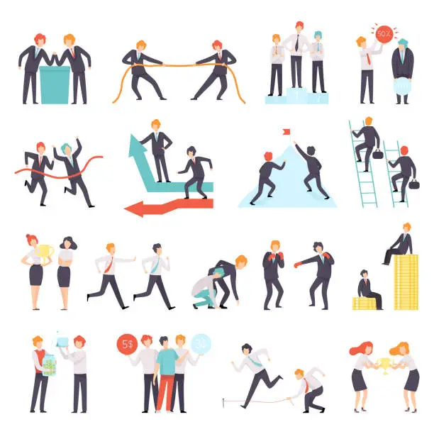 Vector illustration of Business Workers Characters Engaged in Professional Career Competition Vector Set