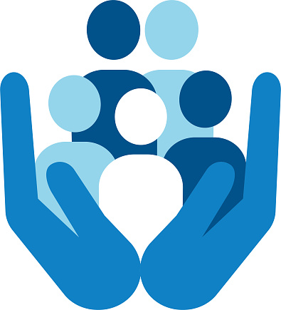 A blue icon of two caring hands gently hold a diverse group of people
