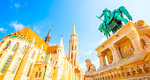 Panoramic view of Budapest old town, St Matthias Church on a background