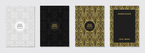 Vector illustration of Set of creative covers, vertical templates. Collection of embossed geometric backgrounds with ethnic 3D pattern, golden texture. Tribal ornaments, boho style of East, Asia, India, Mexico, Aztec.