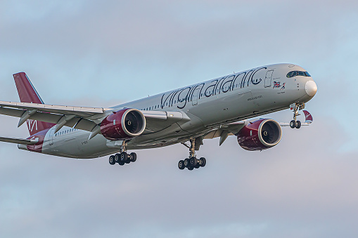 London, UK - May 29, 2023: Airbus a350 Virgin Atlantic airlines landing at London Heathrow Airport