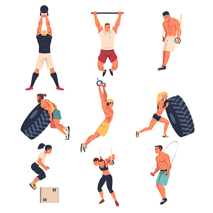 gym Workout with Man and Woman Doing Physical Exercise Engaged in Competitive Fitness Sport Vector Set. Young Male and Female Performing High-intensity Interval Training