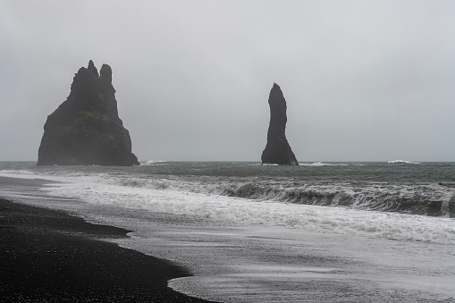 black sand beach Reynisfjara and Reynisdrangar in southern Iceland