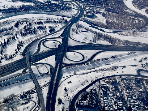 Arial Winter Scene of highway infrastructure, bridges, motorways