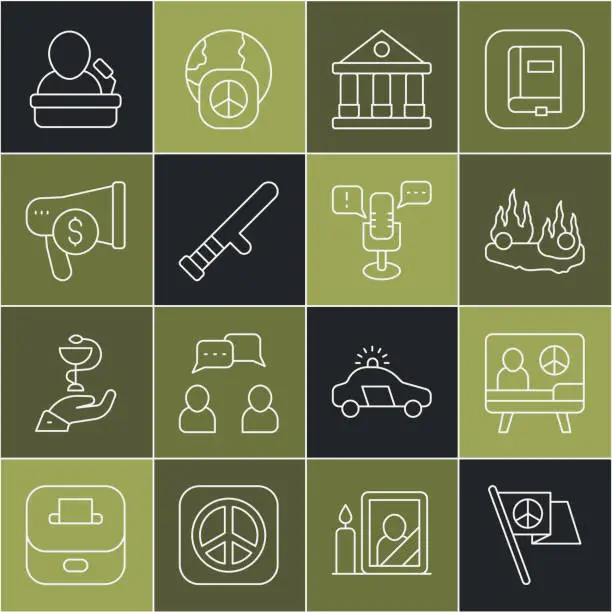 Vector illustration of Set line Peace, Burning car, Courthouse building, Police rubber baton, Megaphone and dollar, Speaker and Freedom of speech icon. Vector