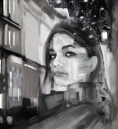 Translucent female portrait on the background of a city street. Evening