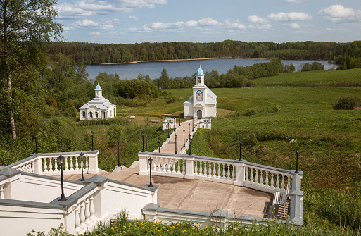 Intercession-Tervenichsky monastery, stairs to the chapel at the holy spring and the bath. Leningrad region, Russia