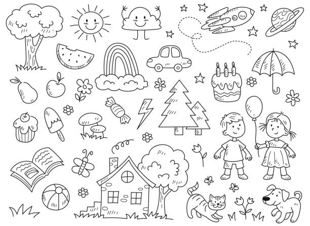 Doodle coloring page set vector Doodle coloring page set. Outline sketch with kids and smiling sun, rainbow and cloud, planet and spaceship, sweets and fruits, cat and dog. Linear flat vector collection isolated on white background house outside drawings stock illustrations