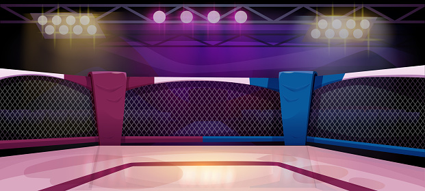Boxing ring poster. Panorama with sports arena for fight. Banner with platform for competitions MMA championship with spotlights, fence and empty spectator seats. Cartoon flat vector illustration