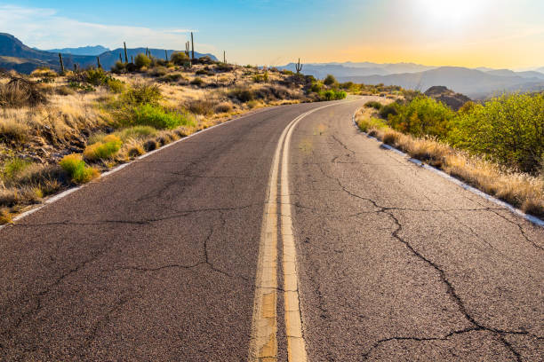 SR 87 in Tonto National Forest A lonely road winds through the Tonto National Forest in Arizona. sonoran desert photos stock pictures, royalty-free photos & images