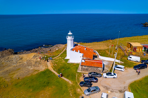 Inceburun Lighthouse in Sinop. Turkey. Inceburun is the northernmost point of the Turkey. Aerial shooting with drone.