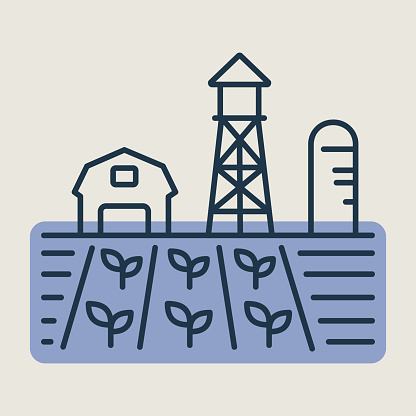 Farm landscape with barn, windpump, seedling and water tower vector isolated icon. Agriculture sign. Graph symbol for your web site design, logo, app, UI. Vector illustration, EPS10.