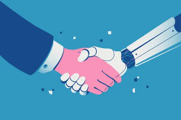 Vector illustration of Handshake with a robot. Robot and businessman shaking hands. Collaboration between human and artificial intelligence. Robotization in business. Vector illustration.