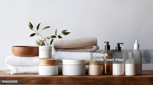 Front View Skin Care Products On Wooden Decorative Piece Stock Photo - Download Image Now
