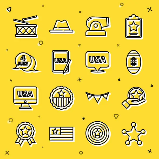 Vector illustration of Set line Hexagram sheriff, USA Independence day, American Football ball, Cannon, graphic tablet, Drum and drum sticks and icon. Vector