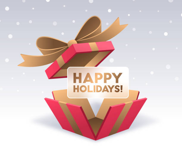 Happy Holidays Opening Gift Box Snow Background vector art illustration