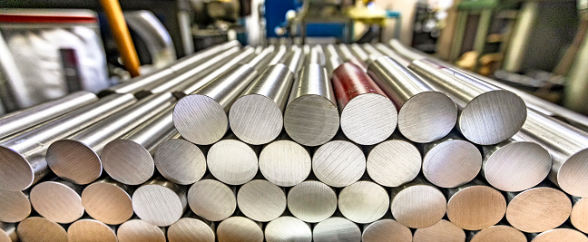 Close Up of Steel Metal Rods Stacked in a factory