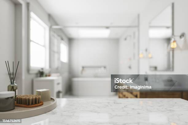 White Marble Countertop In Luxury Bathroom Stock Photo - Download Image Now - Bathroom, Backgrounds, Domestic Bathroom