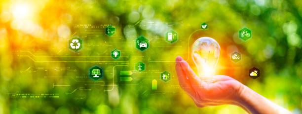 istock eco friendly energy. Innovation technology eco green concept. Icon bulb energy sources for renewable on green blur background.Concept with innovation inspiration. Idea innovative from the big data 1546758918