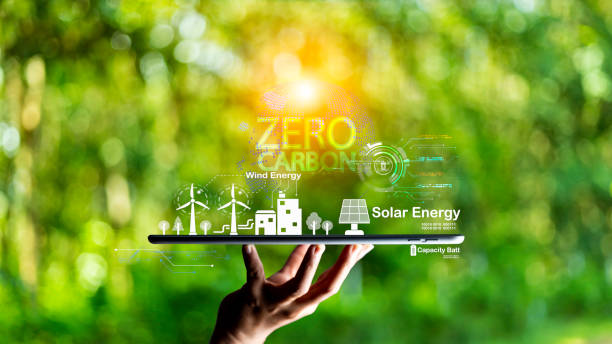 istock green energy concept help reduce global warming.Hand holding natural background light bulb on green leaf with clean energy icon around it. Carbon dioxide emission in industry zero carbon concept. 1546759101