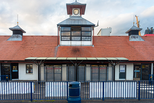Rothesay, Scotland, UK - 13th July 2023: The Ticket Office at the Ferry Terminal on Rothesay, Isle of Bute in the Firth of Clyde, Scotland, UK