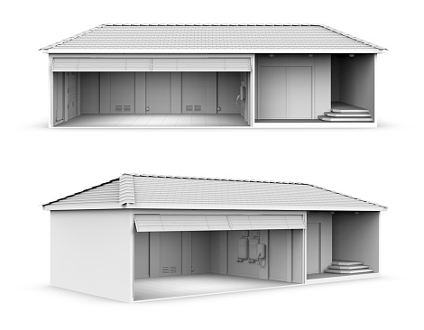 3d rendering home garage model with ev charger on white background