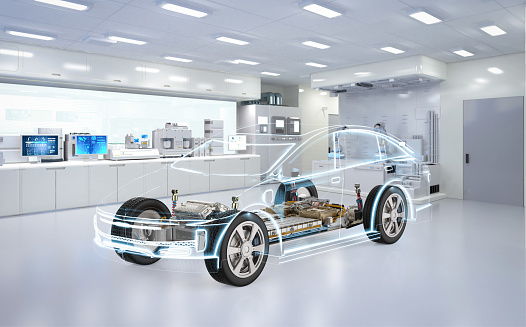 Electric car research and development with 3d rendering  ev car with pack of battery cells module on platform in laboratory