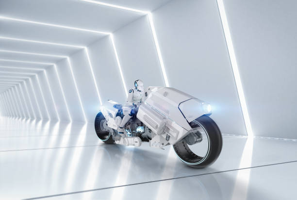 Racing technology with robot riding on motorbike with speed