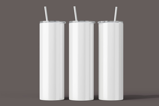 Three white 20 oz skinny tumblers on dark isolated background. Skinny 20 oz tumbler for sublimation. Thermo mug. 3d rendering