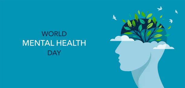 World Mental Health day, concept design with abstract human head profile, flowers and birds World Mental Health day, concept design with abstract human head profile, flowers and birds. Vector Illustration mental health stock illustrations