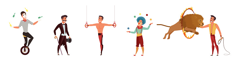 Circus characters set vector illustration. Cartoon isolated circus performers collection with acrobat and clown, juggler and strongman, tamer in carnival costumes and animals perform show and tricks.