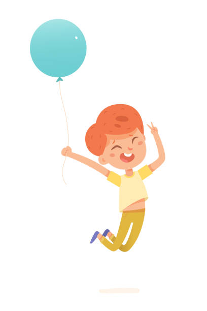 ilustraciones, imágenes clip art, dibujos animados e iconos de stock de niño saltando con ilustración vectorial de globo. niño divertido aislado de dibujos animados sosteniendo una cuerda de globo azul para saltar y volar, lindo niño pequeño y alegre volando en el aire del verano con una sonrisa - child balloon happiness cheerful