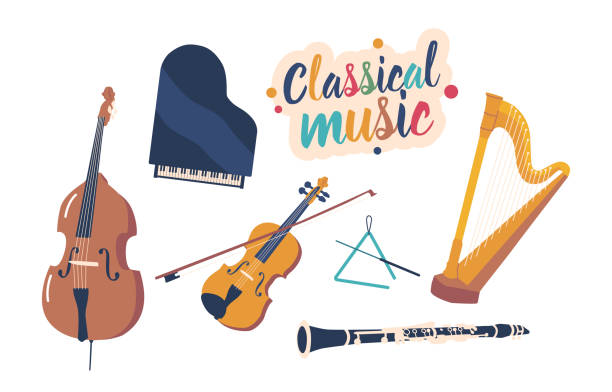 illustrations, cliparts, dessins animés et icônes de ensemble d’instruments de musique classiques. piano à queue, violoncelle et harpe ou violon, contrebasse et triangle avec clarinette - cello musical instrument classical music music