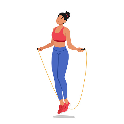 Fit Woman Jumping Rope, Demonstrating Cardio Exercise. Engaging Full Body Workout, Promoting Endurance, Coordination, And Calorie Burn, Improving Cardiovascular Health Cartoon Vector Illustration