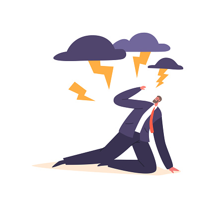 Lightning-phobic Male Character Experiences Extreme Fear And Anxiety In Presence Of Lightning Bolts, Seeking Shelter And Feeling Distressed During Thunderstorms. Cartoon People Vector Illustration