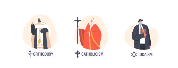 Vector illustration of Religious Ministers Of Judaism, Catholicism And Orthodoxy. Devoted Characters Who Provide Spiritual Guidance