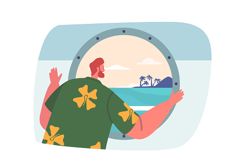 Curious Traveler Male Character Gazes Through The Ship's Porthole, Captivated By The Ever-changing Sea, And Eagerly Anticipating New Adventures On The Horizon. Cartoon People Vector Illustration