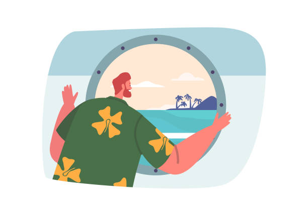 Curious Traveler Male Character Gazes Through The Ship's Porthole, Captivated By The Ever-changing Sea Curious Traveler Male Character Gazes Through The Ship's Porthole, Captivated By The Ever-changing Sea, And Eagerly Anticipating New Adventures On The Horizon. Cartoon People Vector Illustration ferry passenger stock illustrations