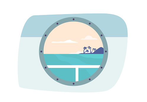 Ship Porthole With A Beautiful Seascape View, Offering A Glimpse Into The Vast Ocean, Creating A Serene And Tranquil Ambiance Onboard. Cartoon Vector Illustration