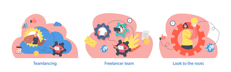 Isolated Elements with Characters Perform Remote Teamwork Involves Collaborating And Achieving Goals Through Digital Platforms, Regardless Of Physical Location. Cartoon People Vector Illustration