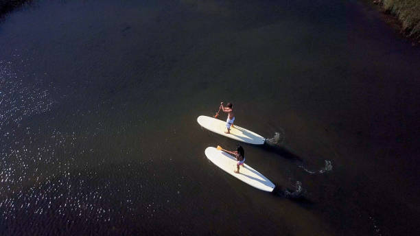 istock Man and woman stand up paddleboarding 1546884580