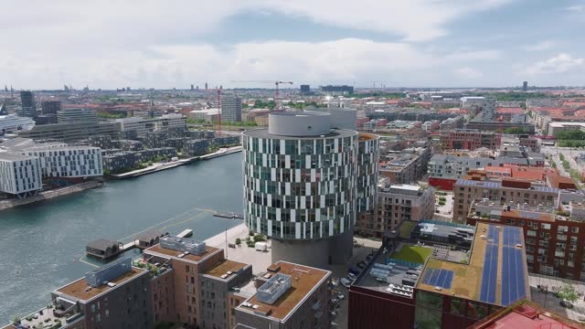 Aerial panorama of Indre Østerbro, Nordhavnen districts. New modern district in Copenhagen, Denmark.